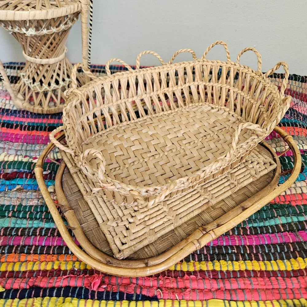 Mixed 4pc Wicker Rattan Lot Bundle Doll Chair Hot Pad Basket Tray Boho Farmhouse